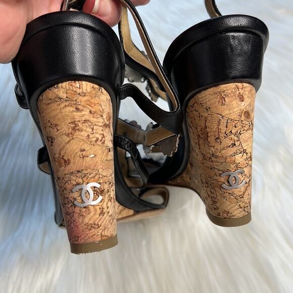 Chanel Black Camellia Charm Wedge Sandals - Picture 10 of 15